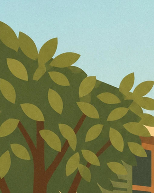 The green foliage of a tree with stylised leaves, in front of the façade and pale blue sky