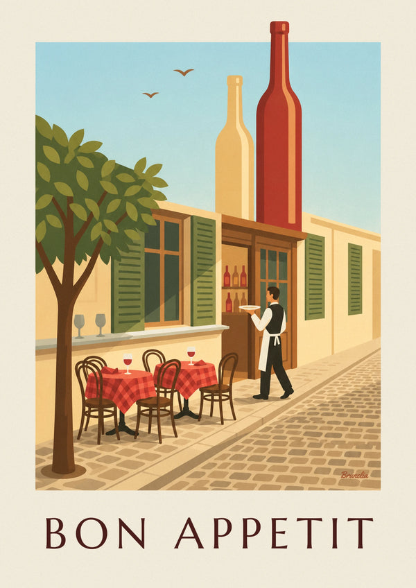 Affiche bistrot français Bon appétit, serveur et comptoir en zinc