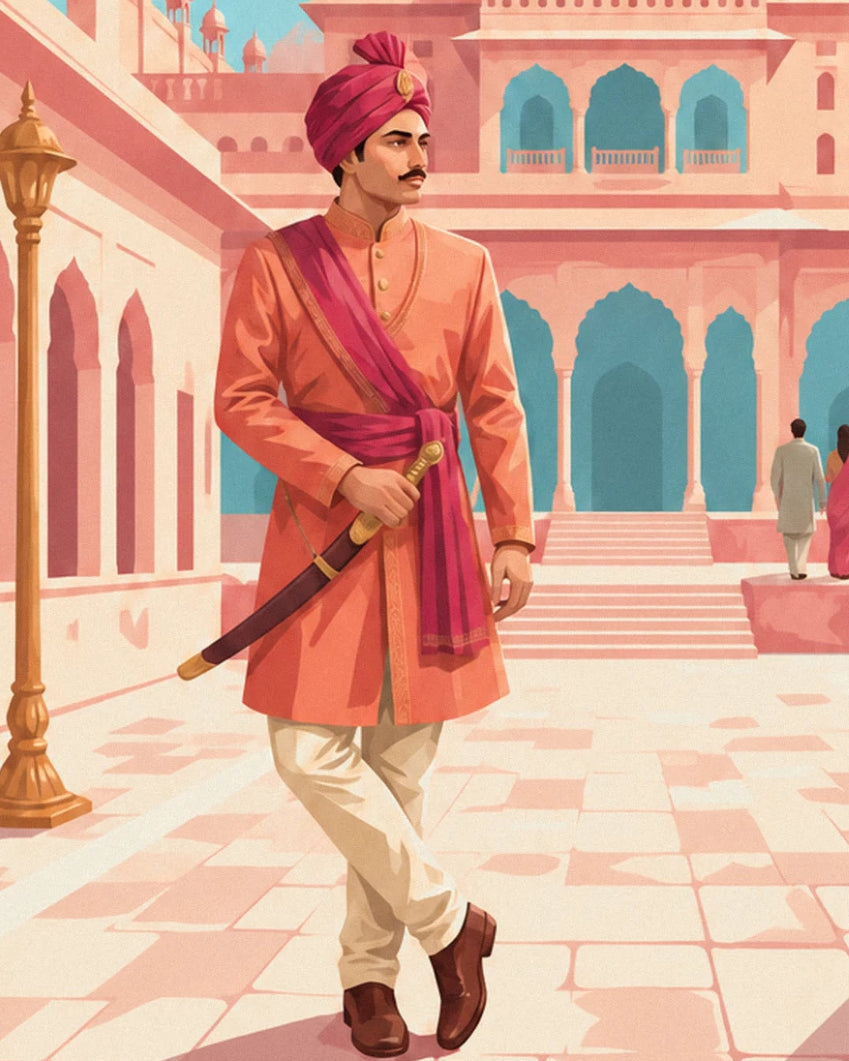 Le héros moustachu en turban rose et veste orange, sabre à la main, dans la cour du palais