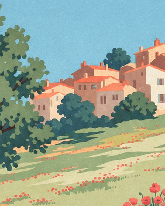 The houses with orange roofs behind the trees and flower-filled meadow