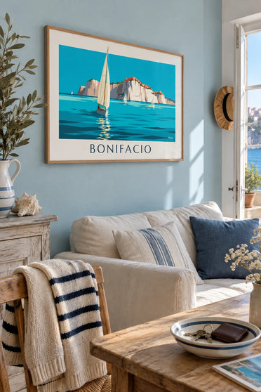 Plakat białe klify i żaglówki Bonifacio na Korsyce: w ramie na ścianie