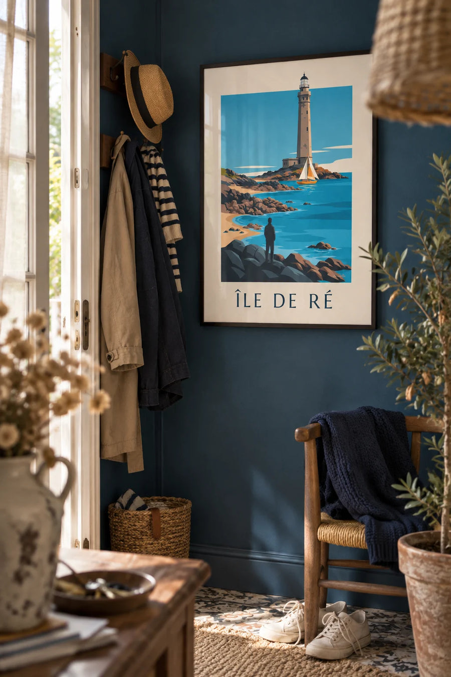 Affiche voilier devant le phare des Baleines à l'île de Ré : encadrée au mur