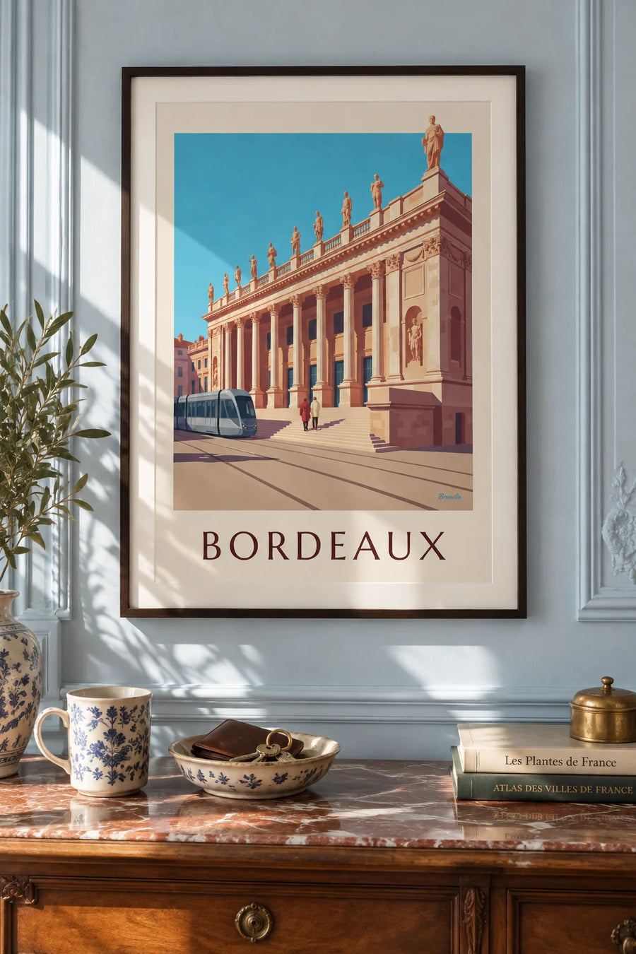 Plakat z Grand Théâtre i placem Comédie w Bordeaux: oprawiony na ścianie