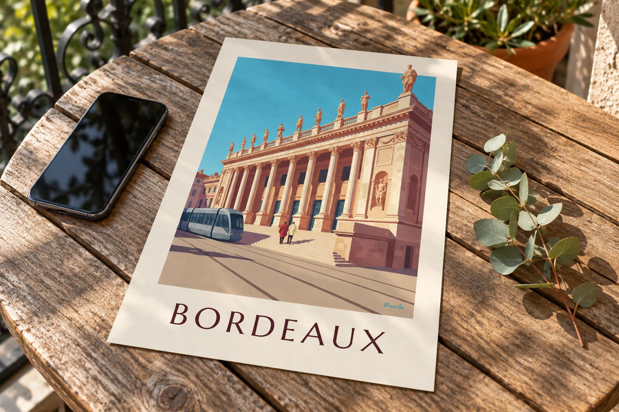 Plakat z Grand Théâtre i Place de la Comédie w Bordeaux: na stole