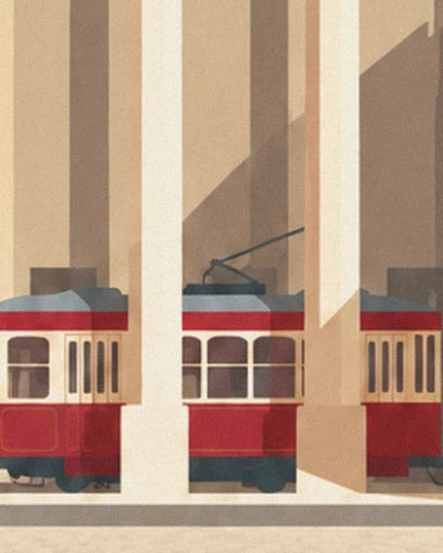 Le tramway rouge et crème entre les colonnes ensoleillées du Grand Théâtre