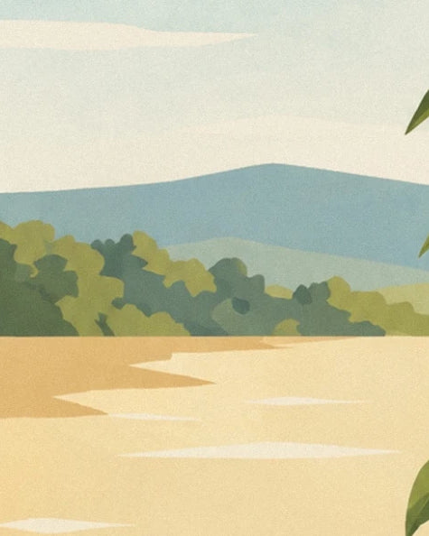 A bluish hill, green groves and a golden sandy shore, beneath a clear sky