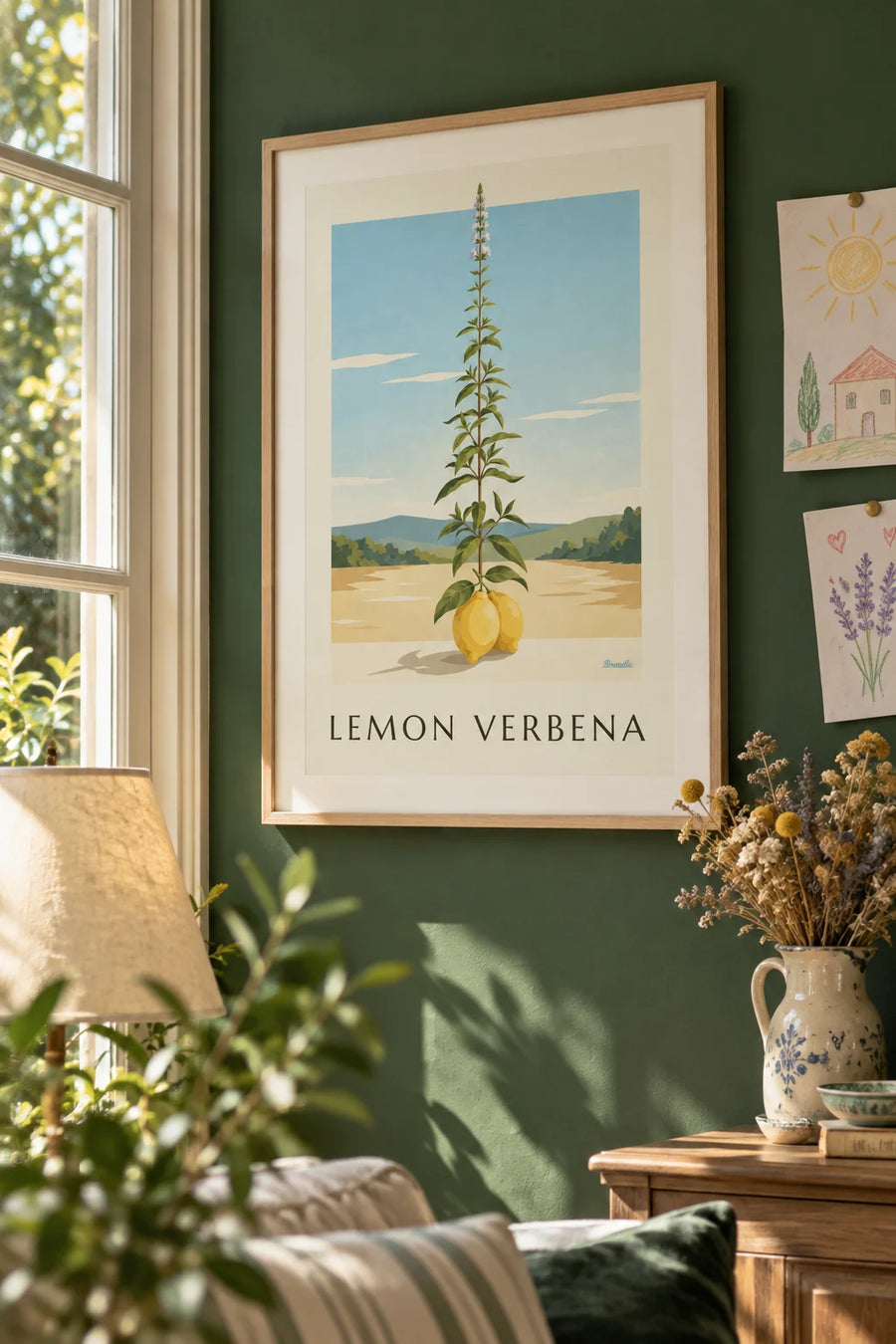 Poster of a botanical engraving of lemon and lemon verbena: framed on the wall