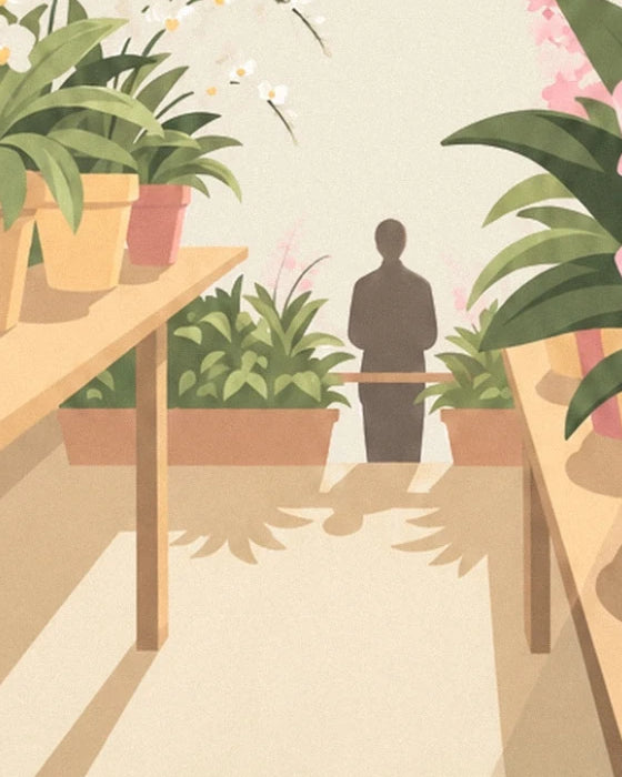 A figure at the far end of the greenhouse aisle, between the potted orchids