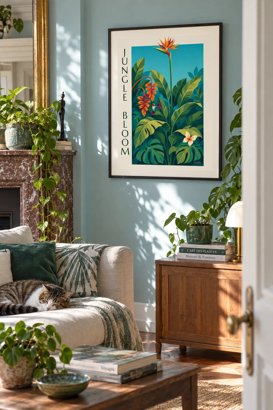 Affiche jungle tropicale, fleurs exotiques et colibri : encadrée au mur