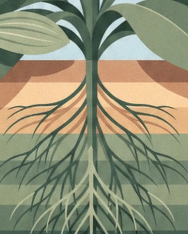 The branching roots beneath the green stem, in the coloured layers of soil