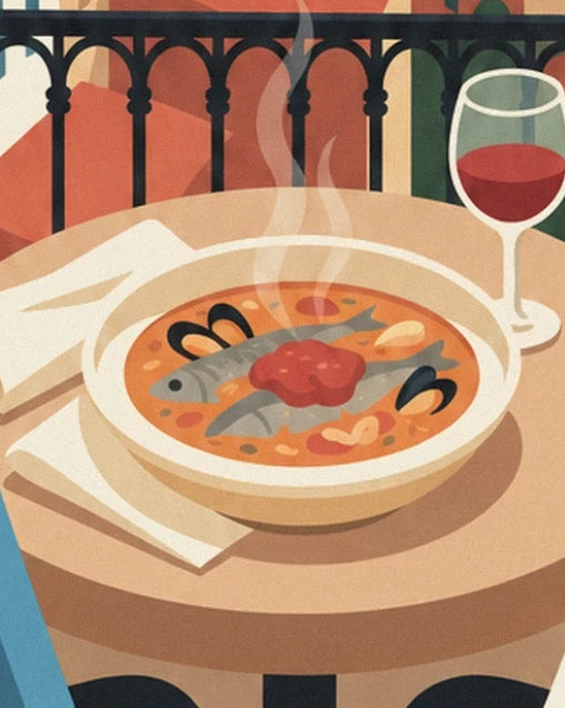 La bouillabaisse fumante aux poissons et moules, près d’un verre de vin rouge