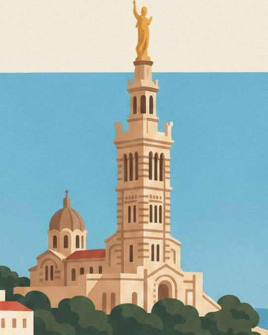 Notre-Dame de la Garde et sa statue dorée sur fond de mer bleue