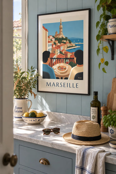 Poster of bouillabaisse on a terrace at the Old Port of Marseille: framed on the wall