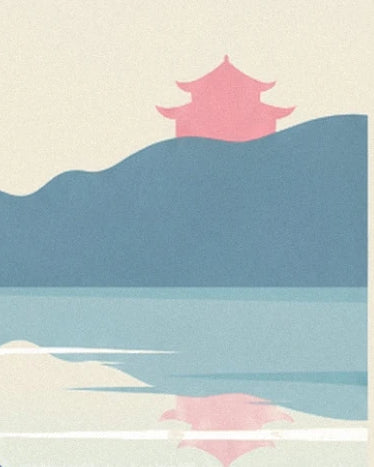 The pink pagoda on top of the blue hill, with its reflection in the lake