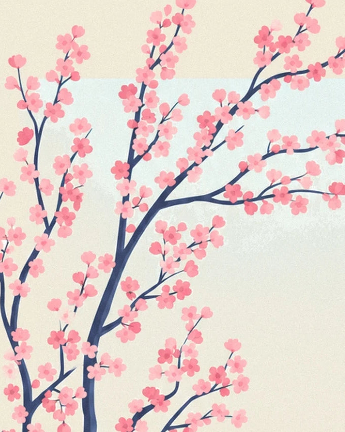 A cherry branch laden with pink blossom, in front of the pale lake