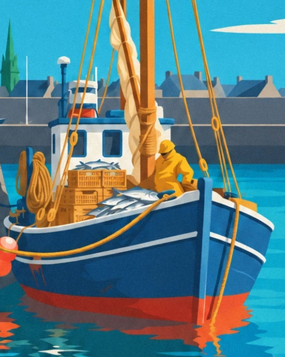 The blue boat with a red hull, silver fish and a fisherman in yellow oilskins