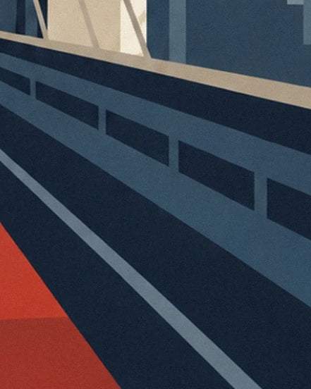 The dark blue railing of pont de Brooklyn along the red walkway