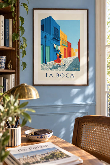 Affiche couple de tango devant les maisons colorées de La Boca : encadrée au mur