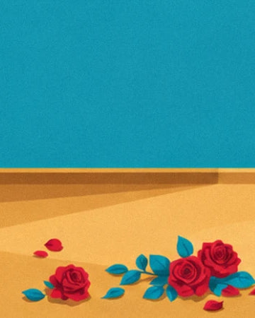 Les roses rouges et leurs feuilles turquoise sur le sol doré de la scène