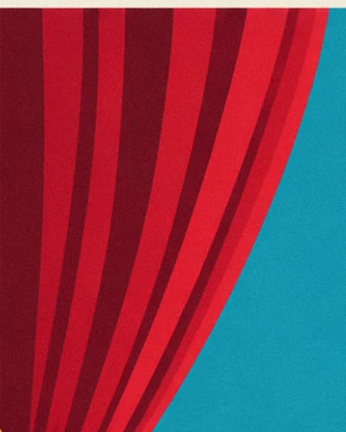 Les plis rouges et bordeaux du rideau de cabaret sur un fond bleu turquoise