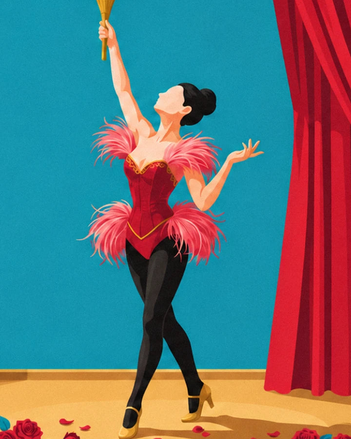 La danseuse de cabaret en corset rouge à plumes roses et bas noirs