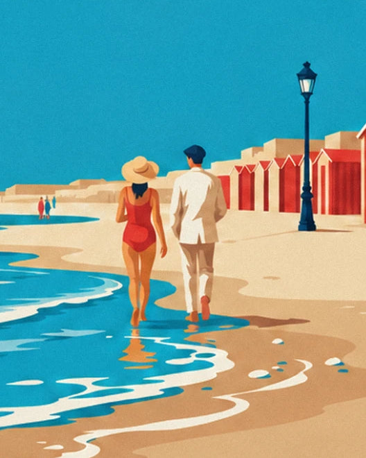 The couple walking barefoot at the water's edge, her in a red swimsuit and straw hat