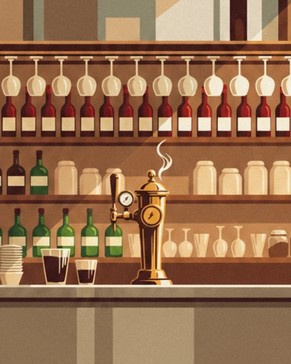 La pompe à bière en laiton et les bouteilles de vin alignées sous les verres suspendus