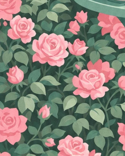 Open roses and pink buds among the dense leaves beneath the table
