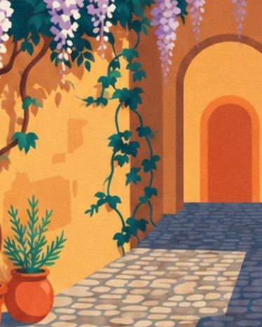 The cobbled passage leading to an orange door between ivy and a potted plant