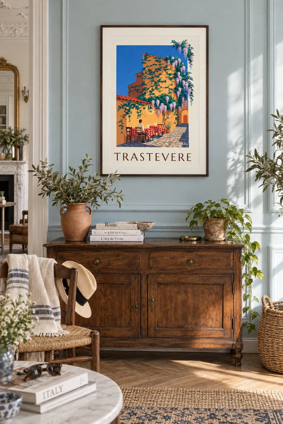 Poster of a trattoria terrace in Trastevere, Rome: framed on the wall