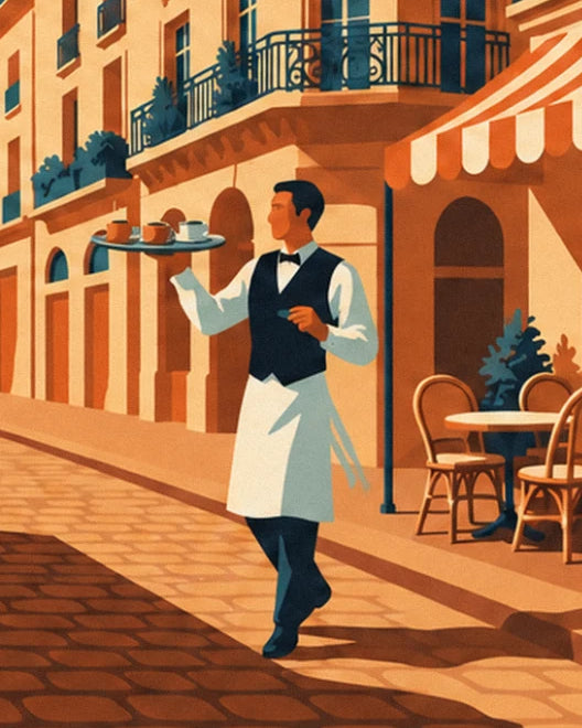 The waiter in a black waistcoat and white apron, holding a tray of 3 cups