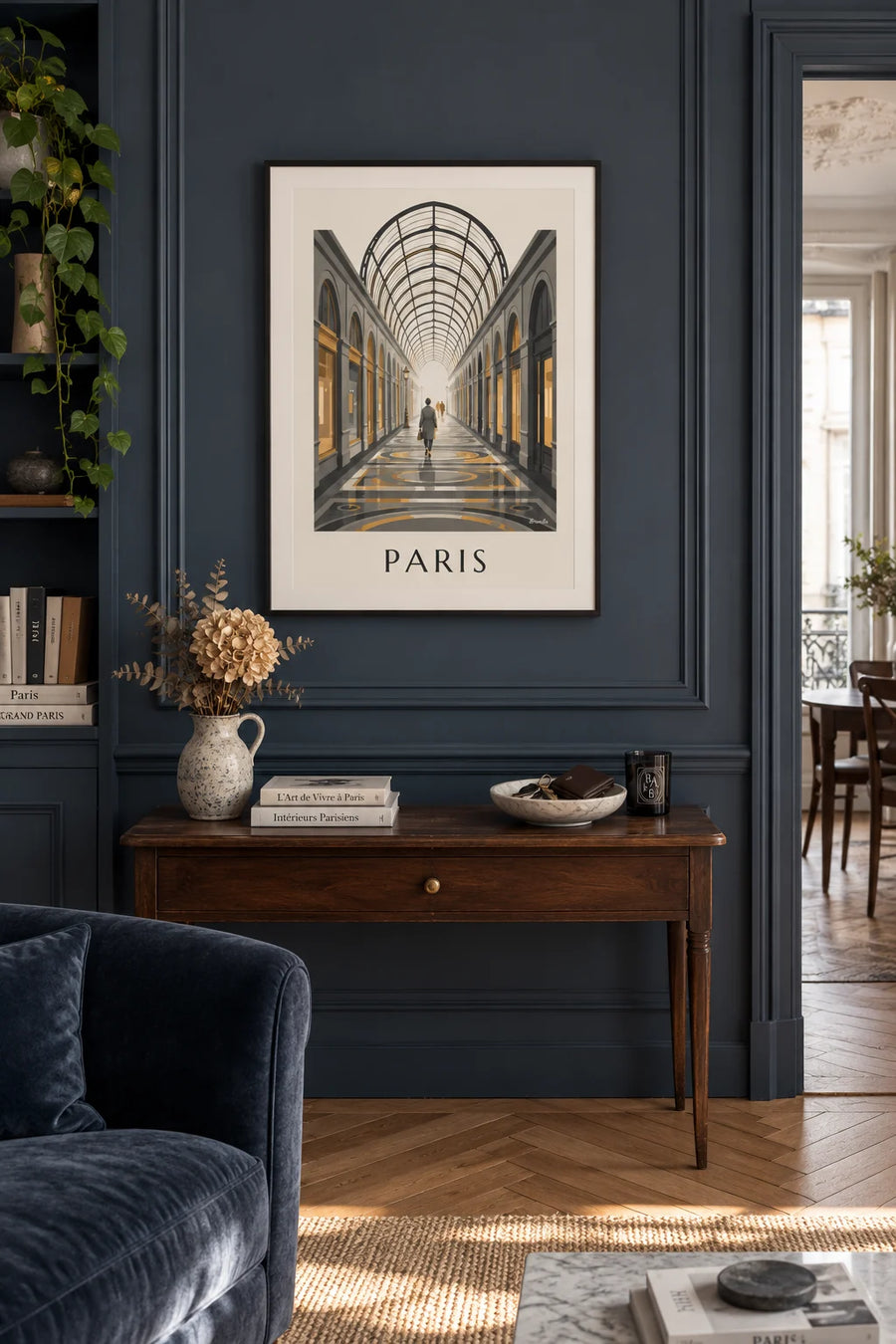 Poster of Galerie Vivienne, a covered passage with a glass roof in Paris: framed on the wall