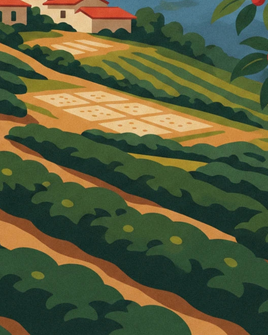Les rangées de caféiers sur les pentes, bordées de chemins ocre et de maisons