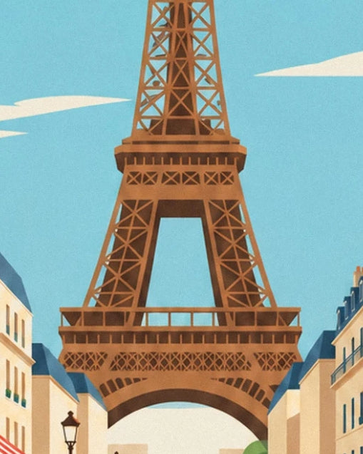 La tour Eiffel brune et son arche entre les immeubles aux façades crème