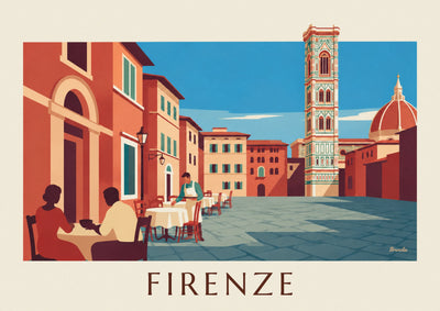 Plakat z kawiarnianym tarasem naprzeciw katedry Duomo we Florencji: cały plakat