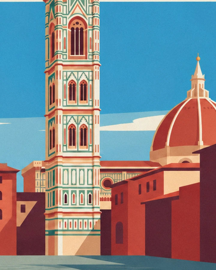 The bell tower with green and pink patterns and the red dome beneath a blue sky