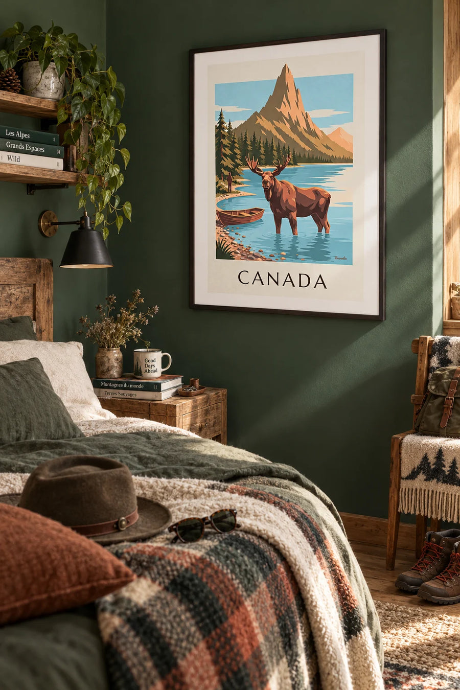 Moose poster in a lake at the foot of the Canadian mountains: framed on the wall