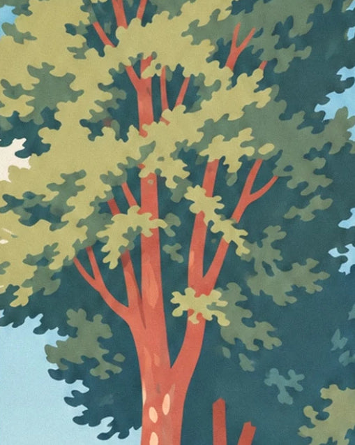 Les branches corail des platanes au milieu d’un feuillage vert dense