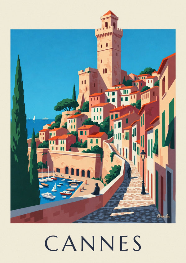 Plakat stara dzielnica Suquet i stary port w Cannes