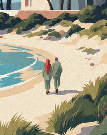Les 2 promeneurs vêtus de vert, dont une femme aux cheveux rouges, au bord de l’eau