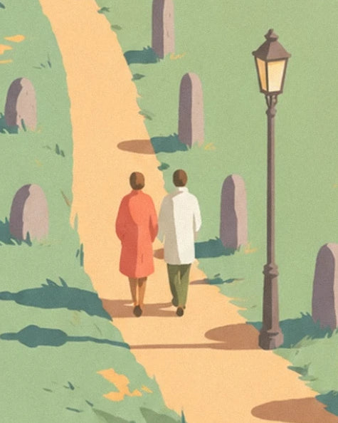 A couple on the ochre path between standing stones and a lamppost