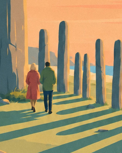 The couple in a red coat and green jacket walking among the standing stones on grass striped with shadows