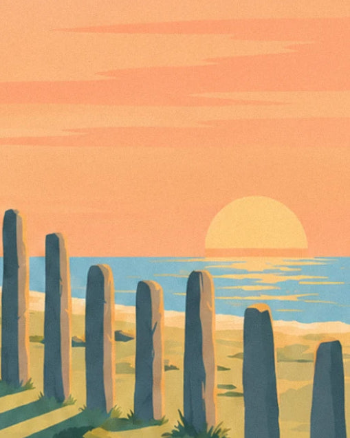 The orange sun setting over the sea behind a row of 7 standing stones