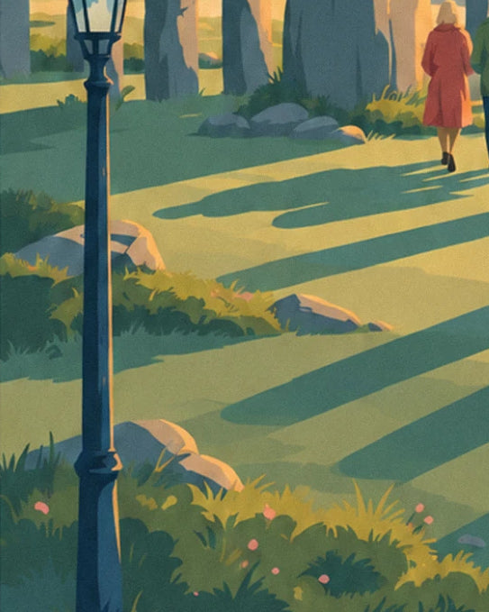 The street lamp on the lawn, with rocks, pink flowers and a woman walking in a red coat in the distance