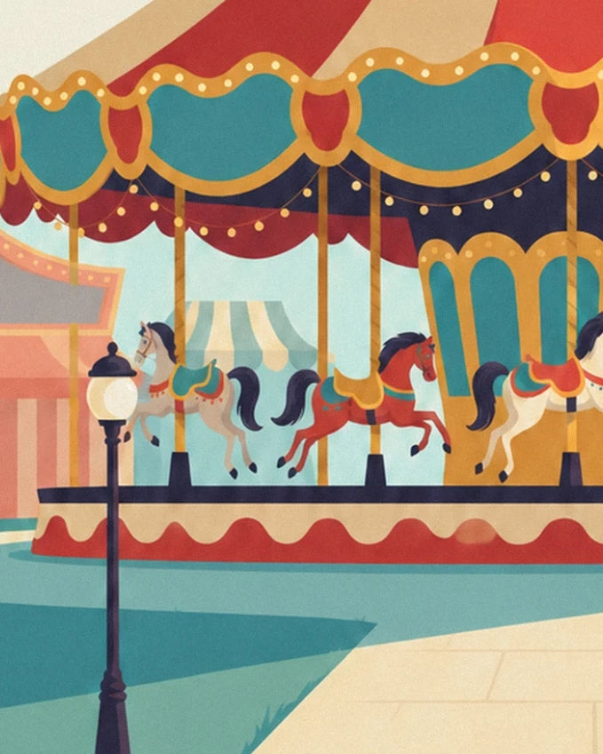 The carousel horses beneath strings of lights, beside a street lamp