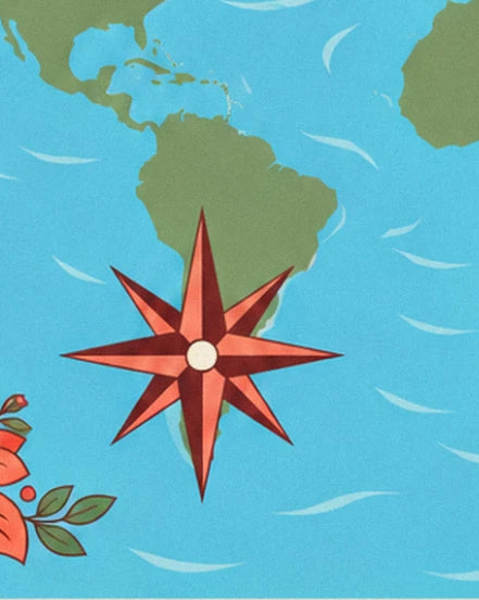 La rose des vents rouge et corail posée sur l'Amérique du Sud, entre les vagues
