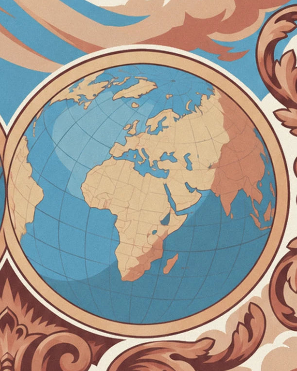 The blue and ochre hemisphere centred on Afrique and Europe, framed in beige and decorative scrollwork
