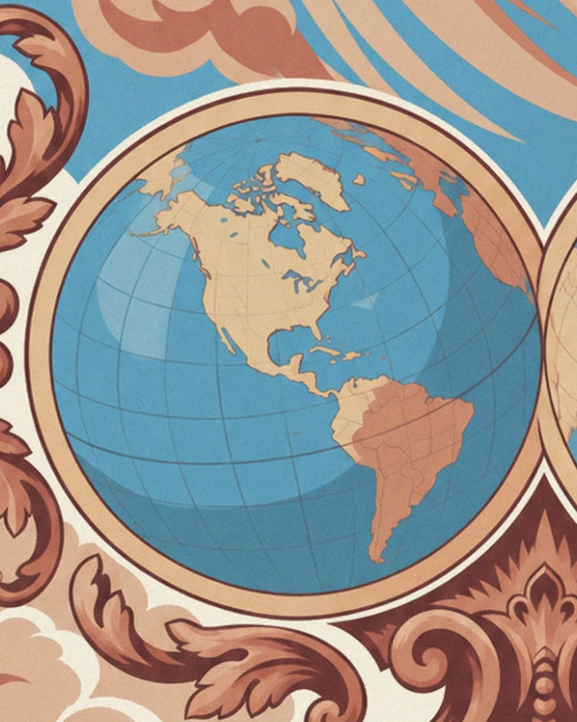 The hemisphere showing Amérique in its golden circle, surrounded by reddish-brown scrollwork