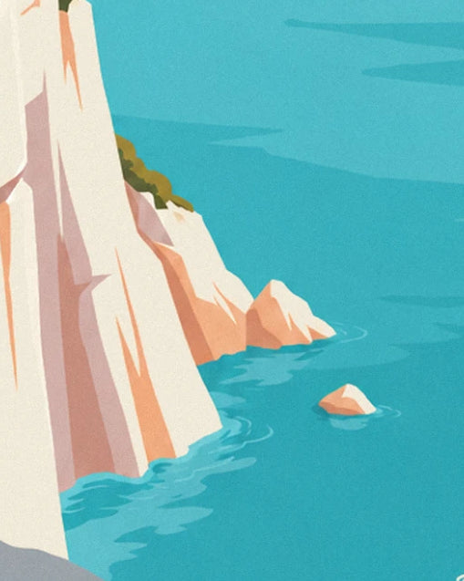 The white and pink cliff plunging into turquoise water, with 2 rocks