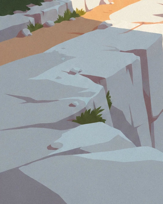 The pale grey limestone cliffs, the ochre path and its tufts of green grass